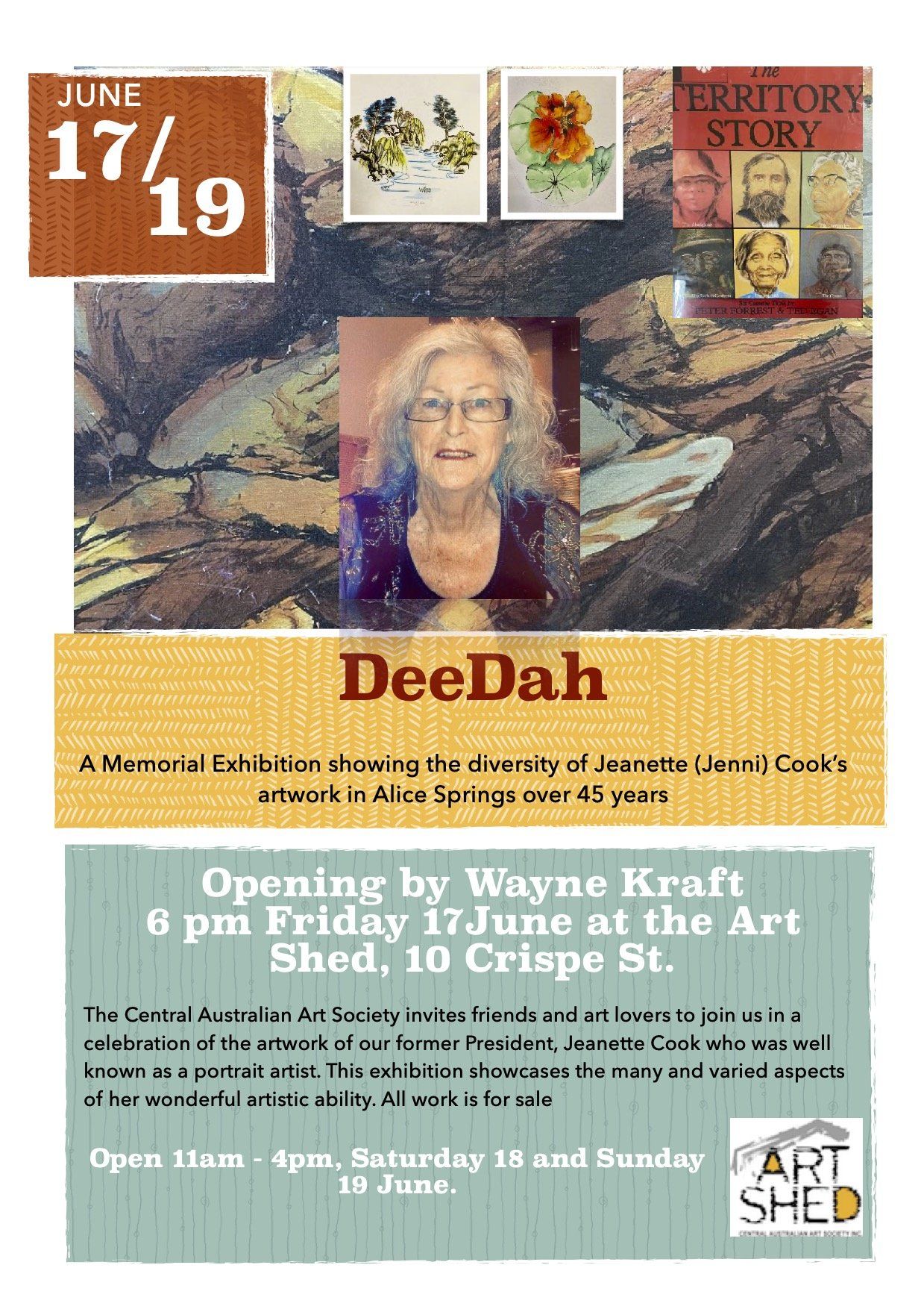 Event flyer for DeeDah, a memorial exhibition of Jeanette Cook’s artwork, June 17-19 at the Art Shed, Alice Springs.