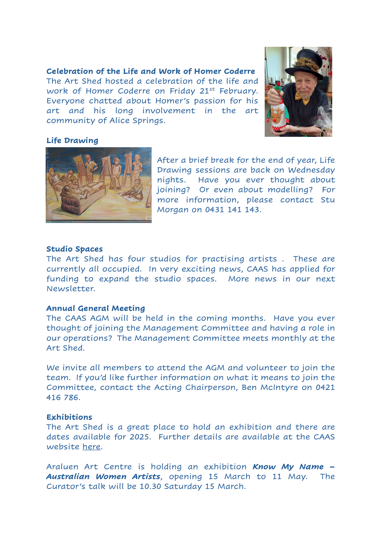A flyer containing a newsletter with text, a photo of an elderly person in a hat, and a painting of figures in a room.