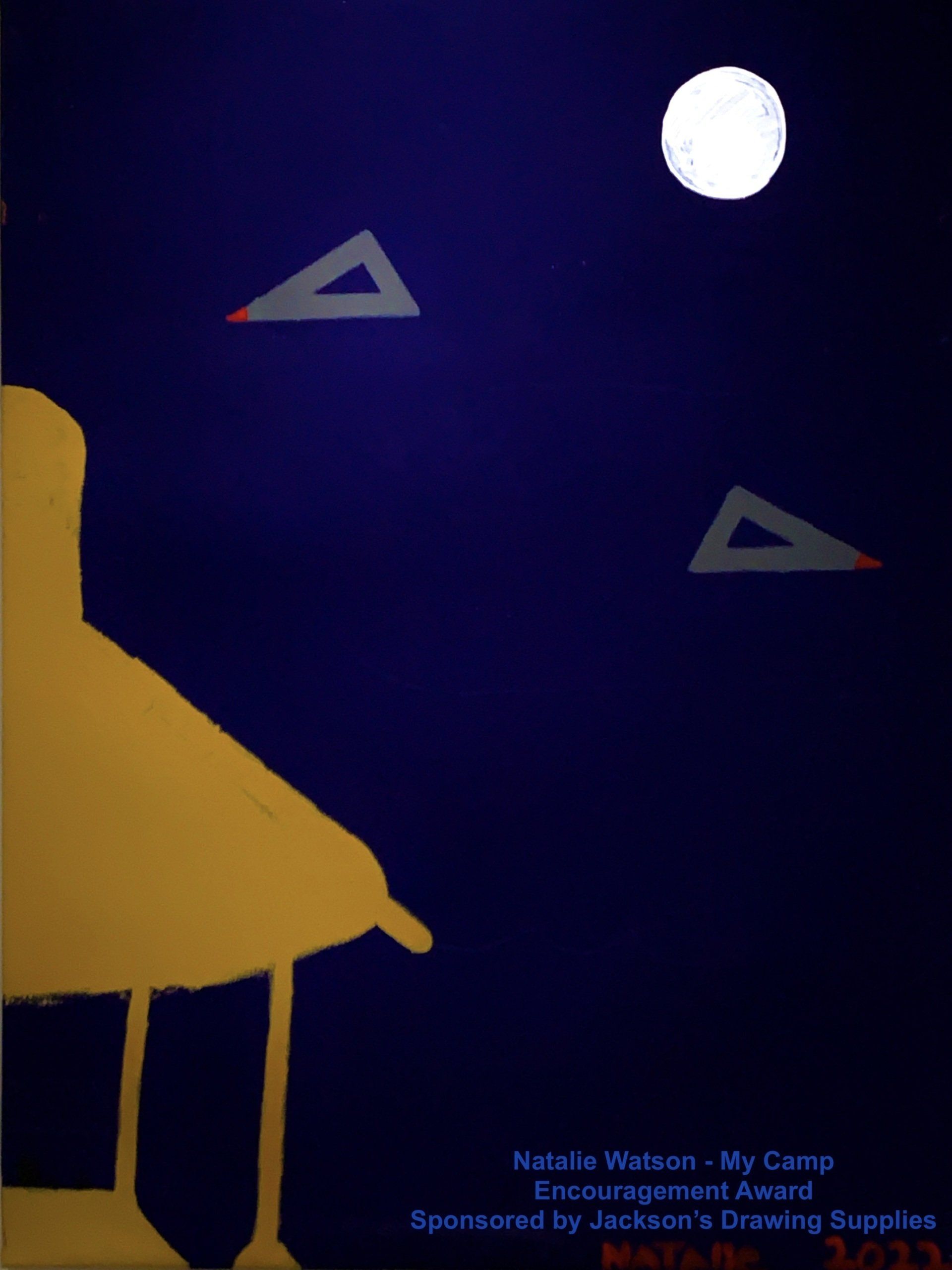 A dark blue night scene with a full moon, two triangular shapes, and a large golden silhouette of a figure.