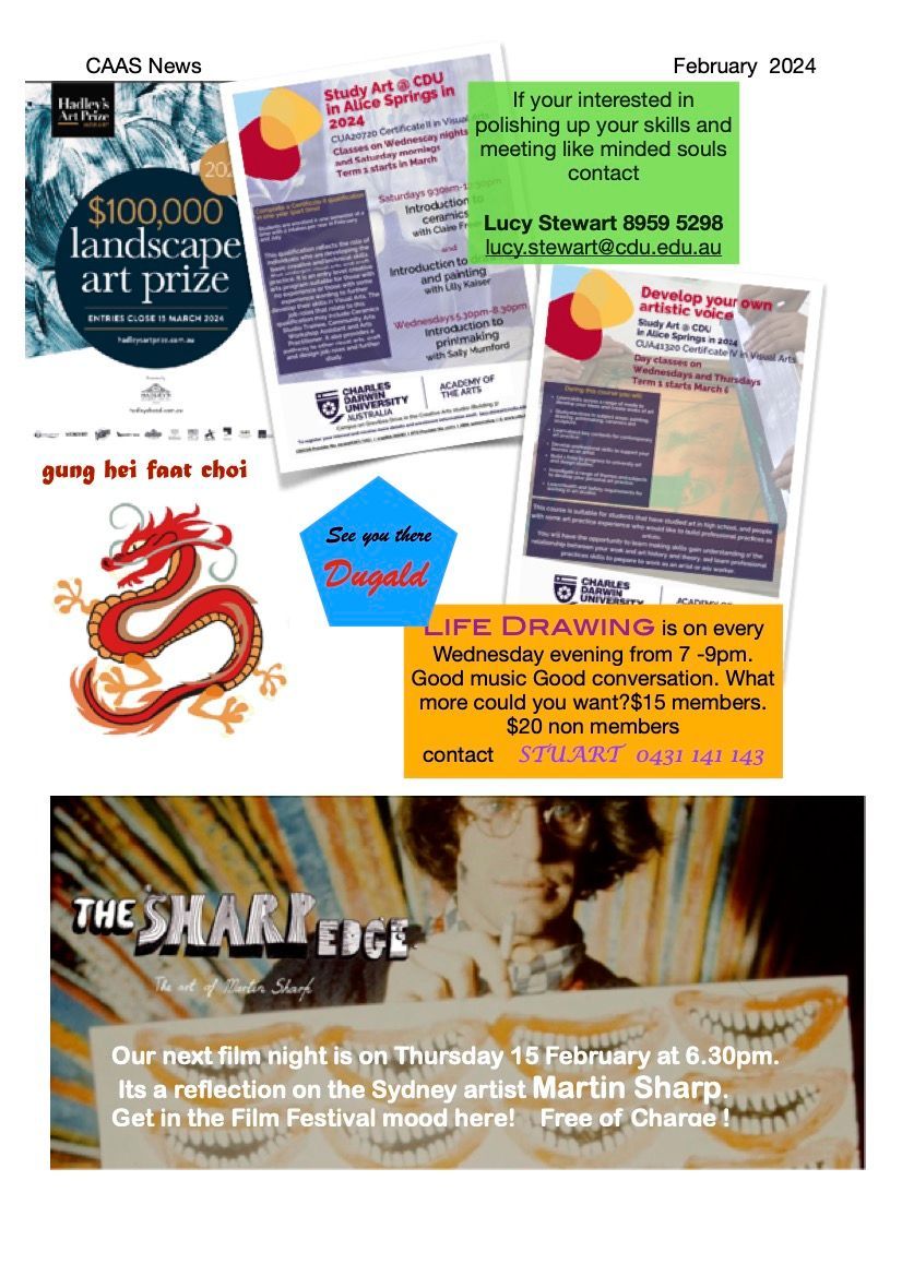 A flyer for February 2024 art events, including a landscape art prize, life drawing, film screening, and Chinese New Year.