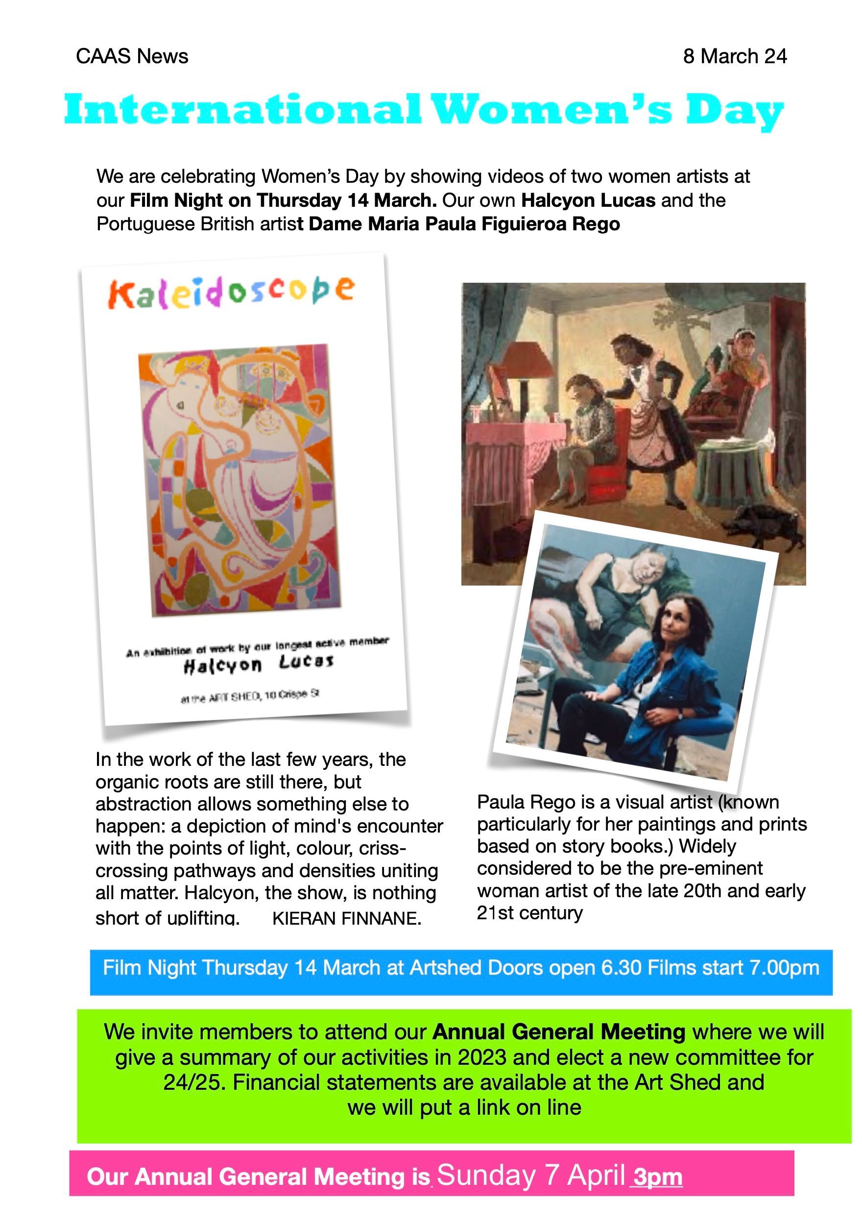 International Women's Day flyer detailing two film screenings, a Q&A session, and an Annual General Meeting notice.