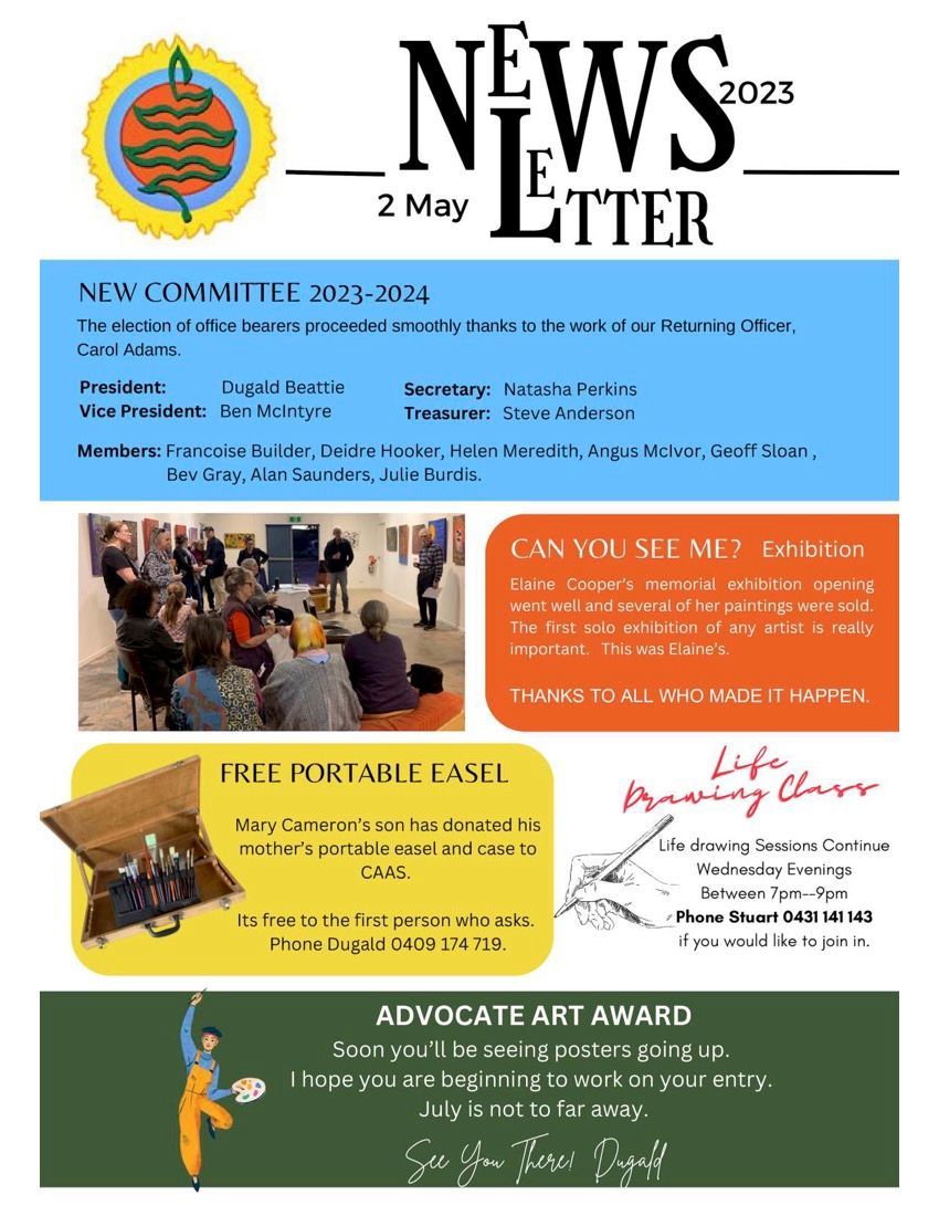 A 2 May 2023 newsletter for an art society, featuring announcements on committee members, events, and an art award.