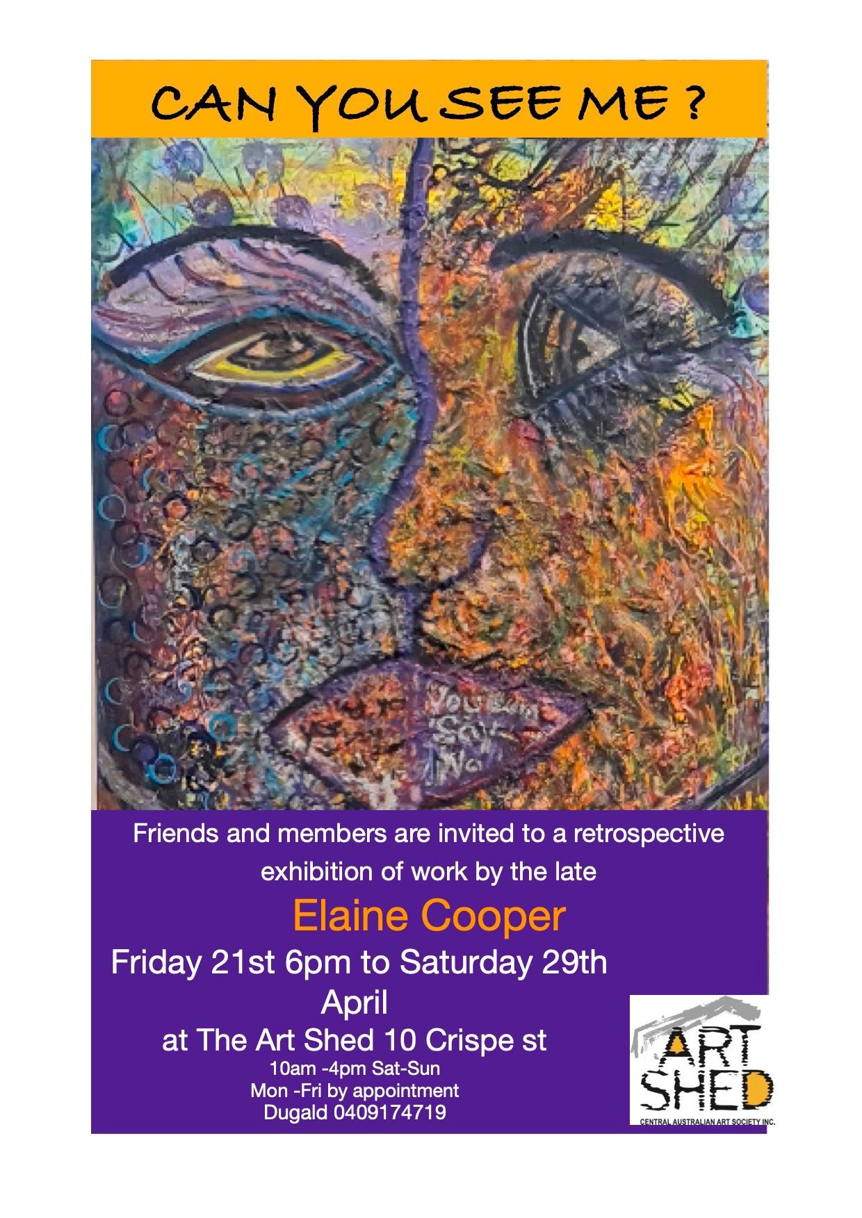 Event flyer for an art exhibition by Elaine Cooper at The Art Shed, featuring an abstract, multi-colored portrait.
