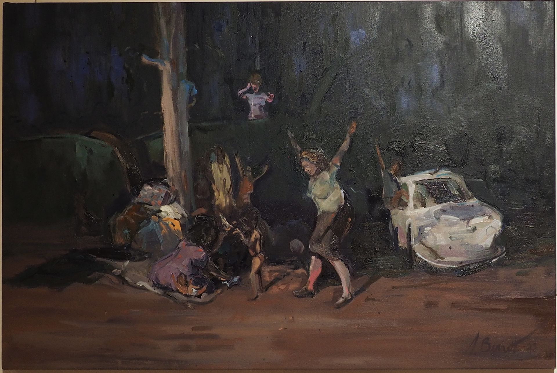 An oil painting showing people in a dark, forested setting near a small, light-colored vehicle, with figures gesturing.