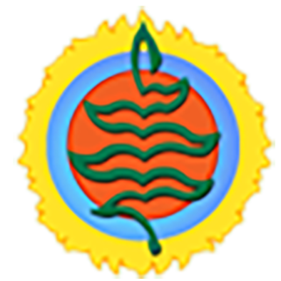 A circular emblem featuring a jagged green line resembling a stylized tree inside a red circle, blue border, and yellow sun.