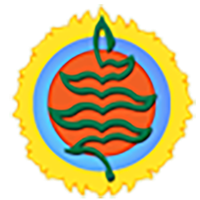 A circular emblem featuring a jagged green line resembling a stylized tree inside a red circle, blue border, and yellow sun.