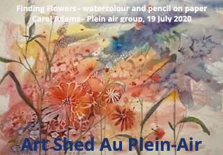 A watercolor and pencil painting of flowers in warm orange, pink, and yellow tones by Carol Adams, dated 19 July 2020.
