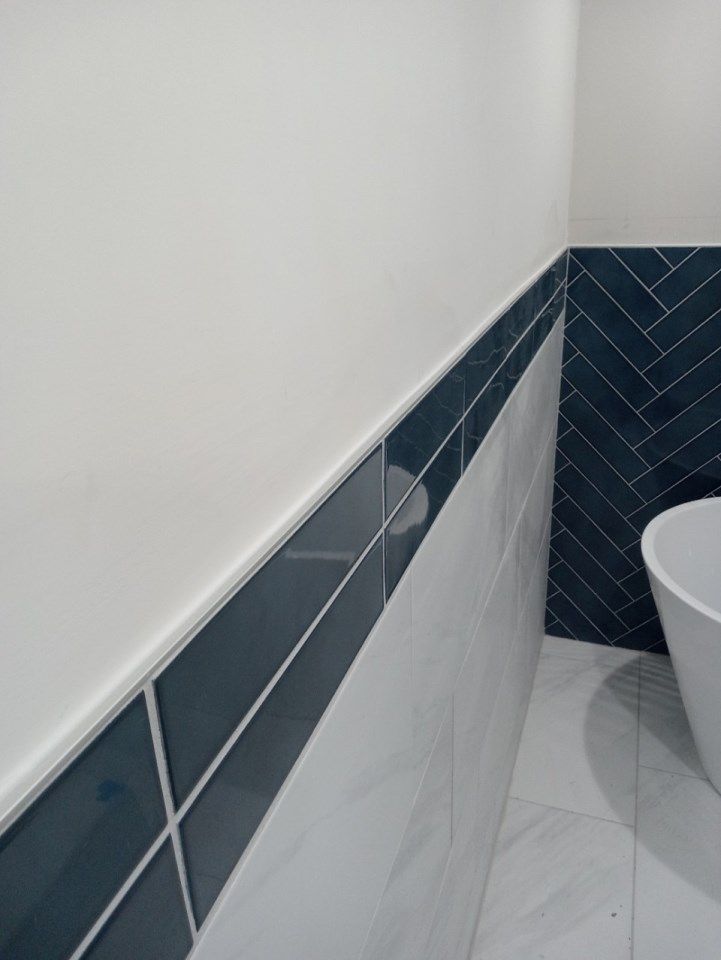 Small bathroom corner with white walls, dark blue tile trim, and a partially visible toilet.