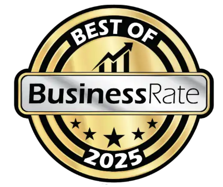 Gold “Best of BusinessRate 2025” award badge with black and white lettering and stars.