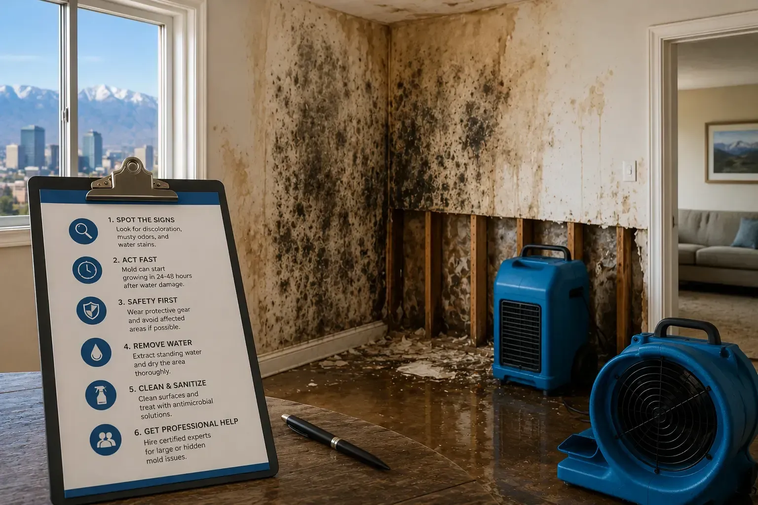 Flood-damaged room with mold-stained walls, a dehumidifier, and a wet-floor sign near a window.