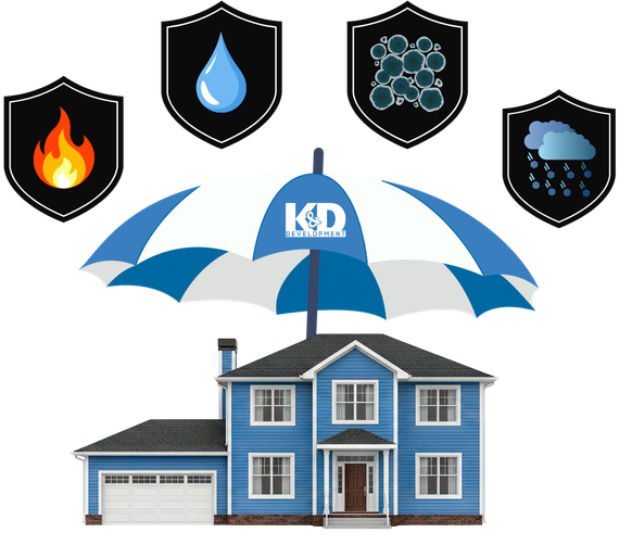 Blue house under an umbrella with fire, water, hail, and snow protection icons above
