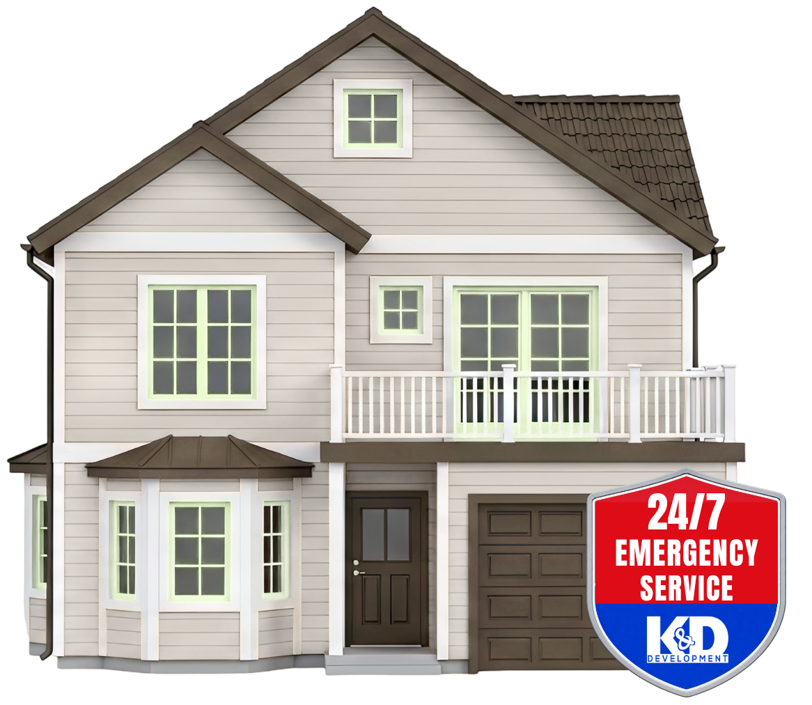 Two-story beige house with a red 24/7 emergency service sign and logo on the garage