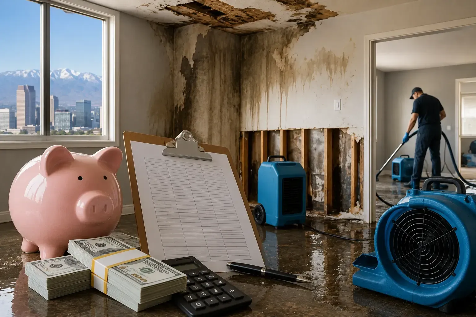 Flood-damaged room with a worker using a vacuum, plus piggy bank, clipboard, cash, and equipment in foreground