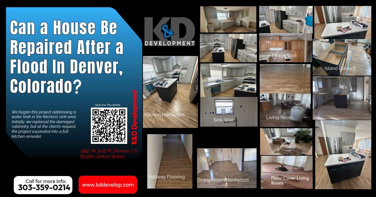 Flood repair ad showing before-and-after basement cleanup photos in Denver, Colorado, with QR code and text.
