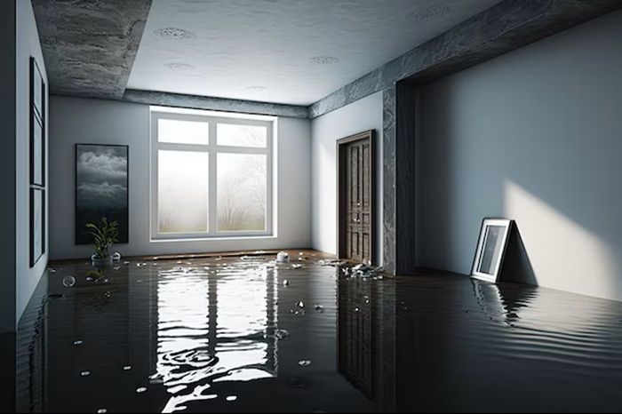 Flooded modern room with sunlight, reflections on water, and a leaning framed picture by the wall