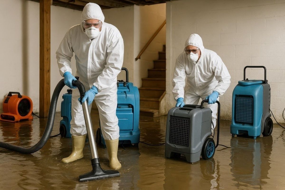 Two workers in white protective suits cleaning floodwater with a vacuum and dehumidifiers indoors
