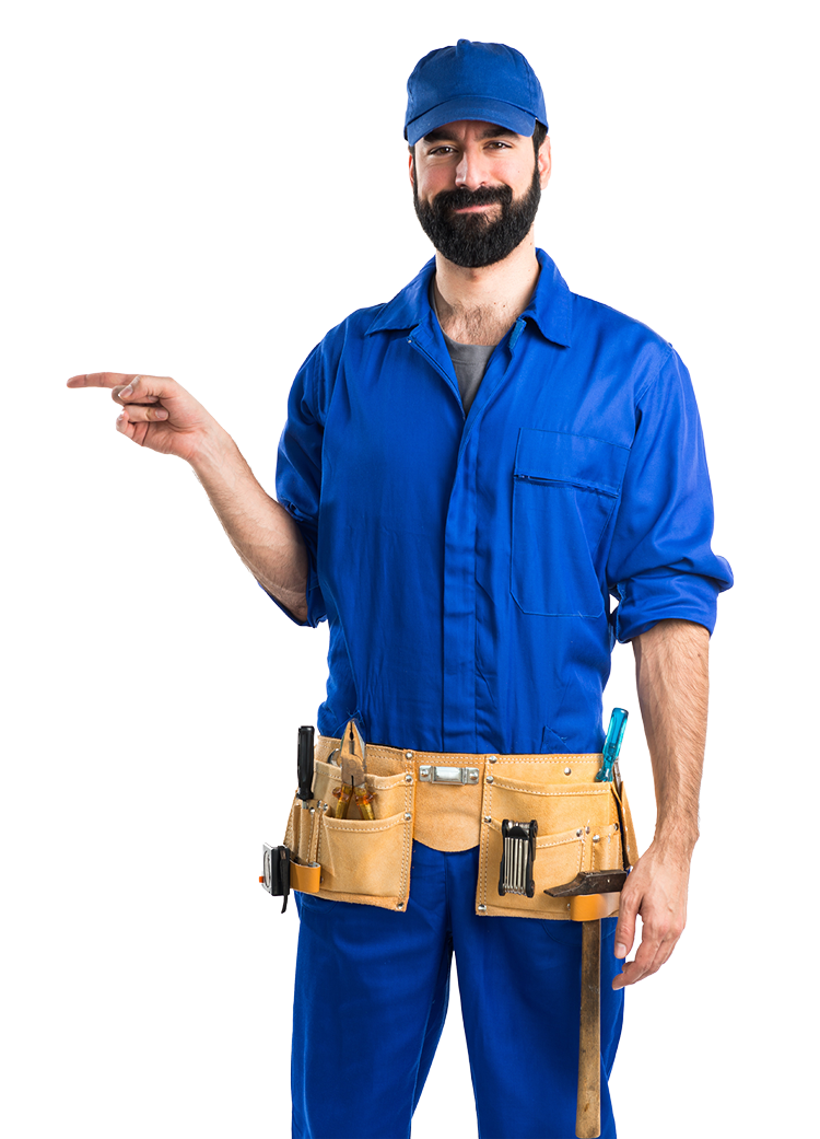 Man in blue work uniform with a tool belt, pointing left.