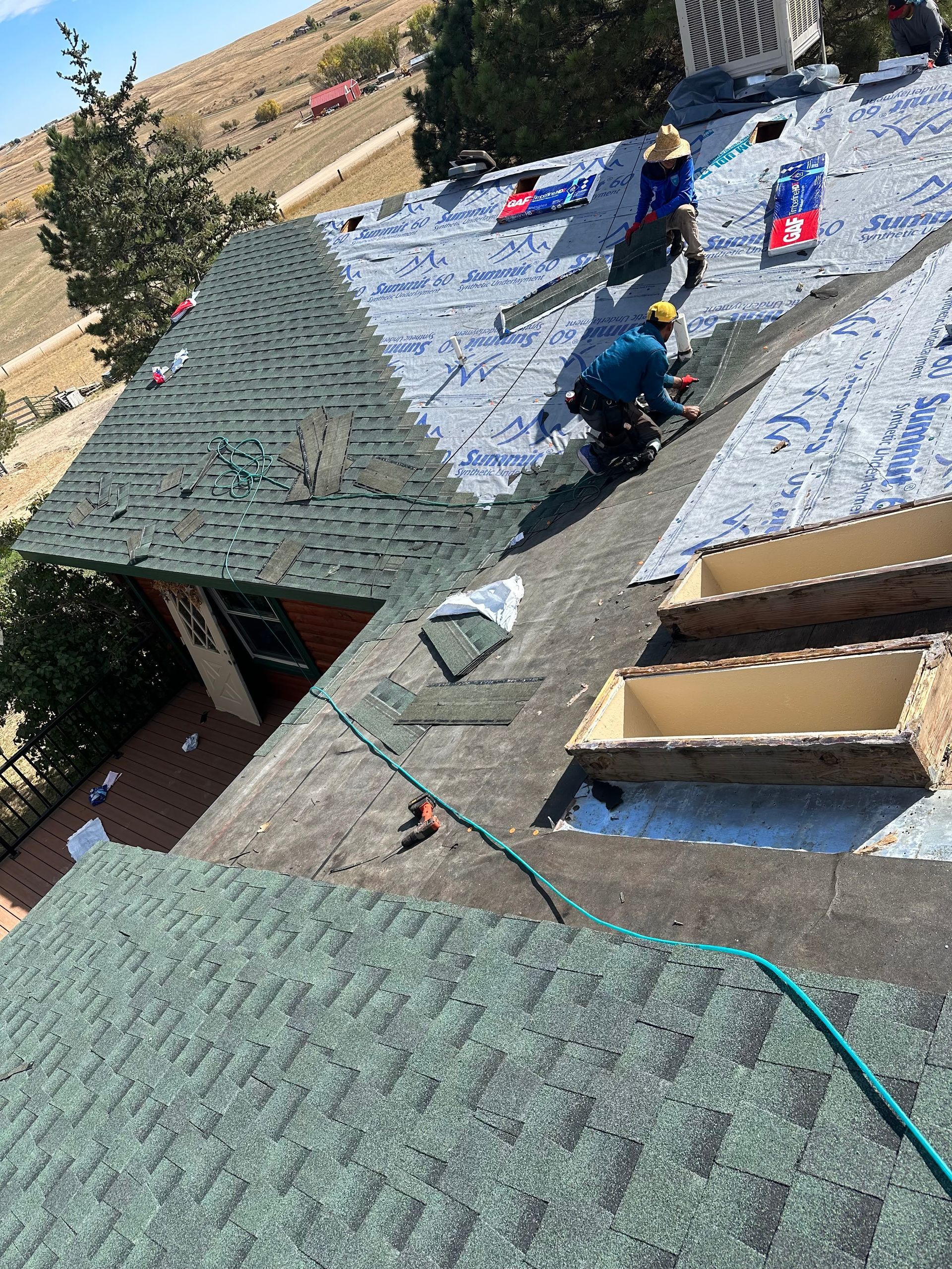 Roofers installing shingles on a steep roof with exposed plywood and green safety hose