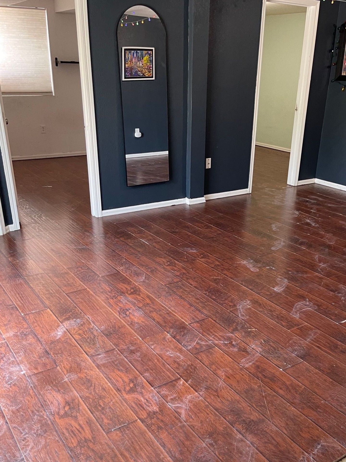 Empty room with dark wood floors, navy accent wall, and mirrored wall decor.