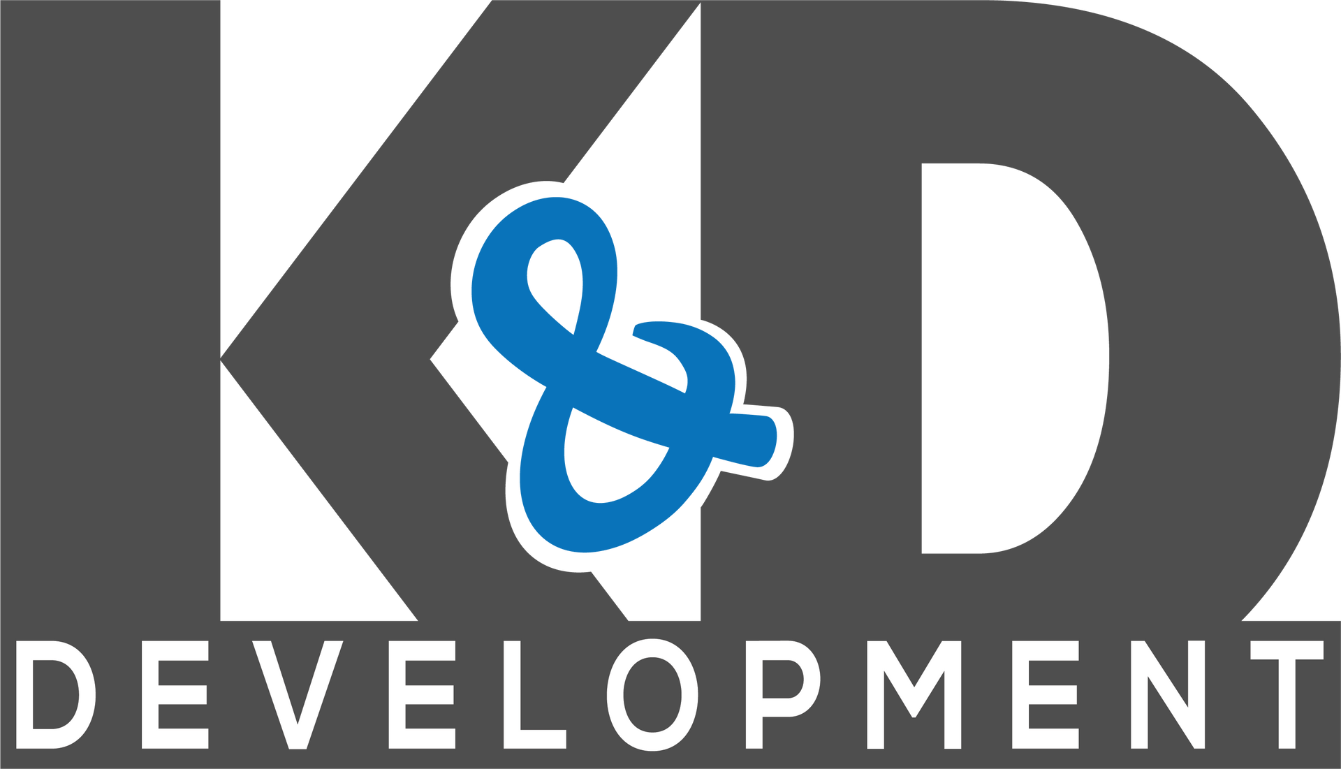 KD Development logo with gray letters and a blue ampersand