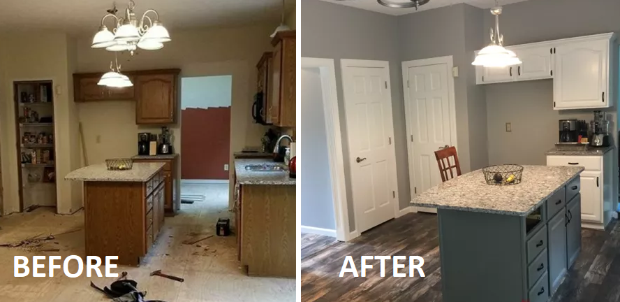Kitchen remodel before and after. Old cabinets replaced, walls painted gray, new flooring installed.