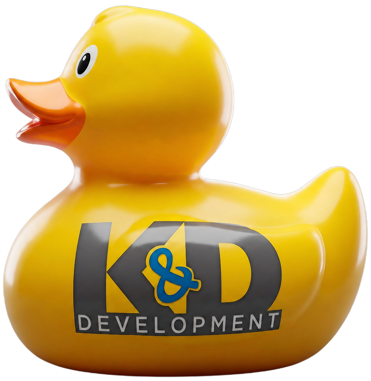 Yellow rubber duck with K&D Development logo on its side