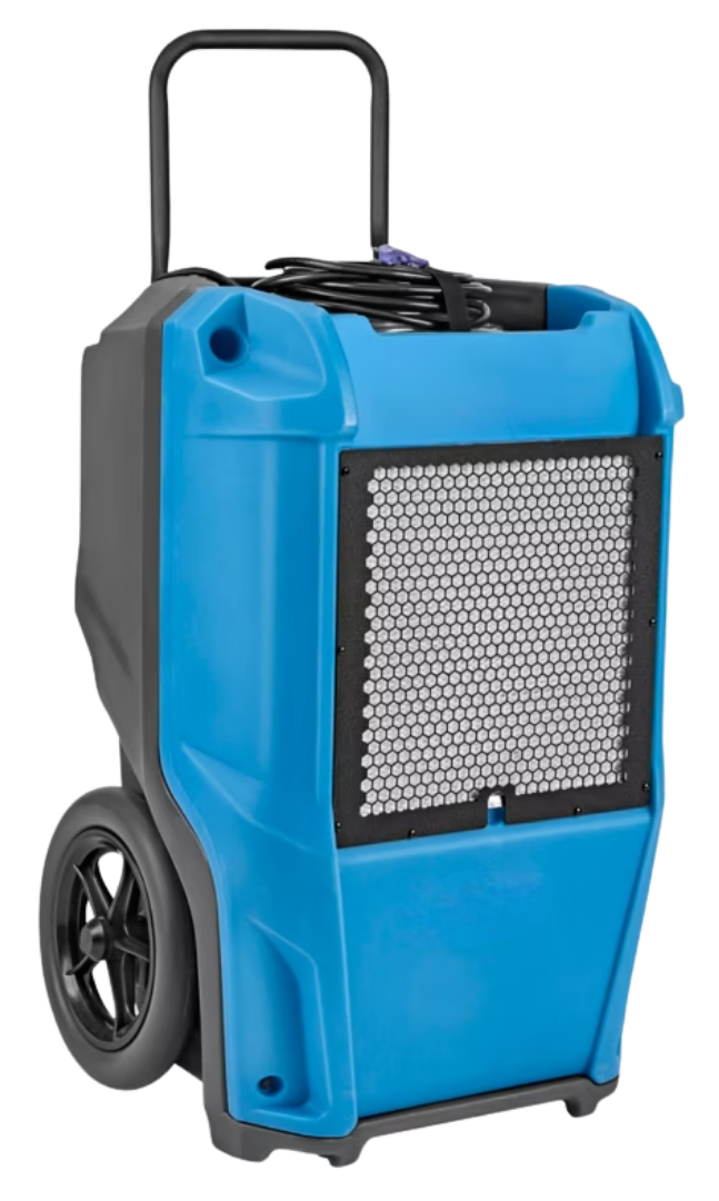 Blue portable air cooler with wheels and a handle