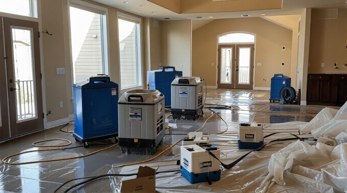 Painted room with plastic-covered floors and several blue and white industrial machines during renovation