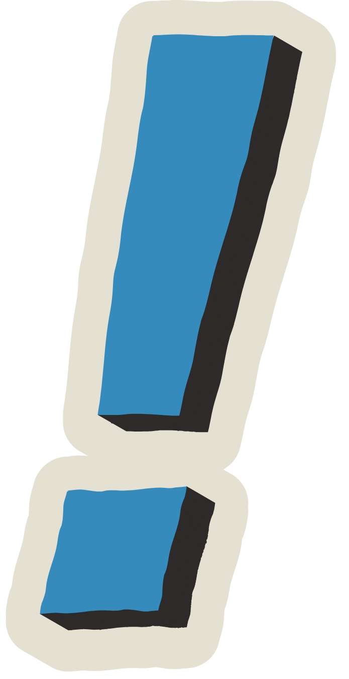 Blue exclamation mark with black shadow and cream outline