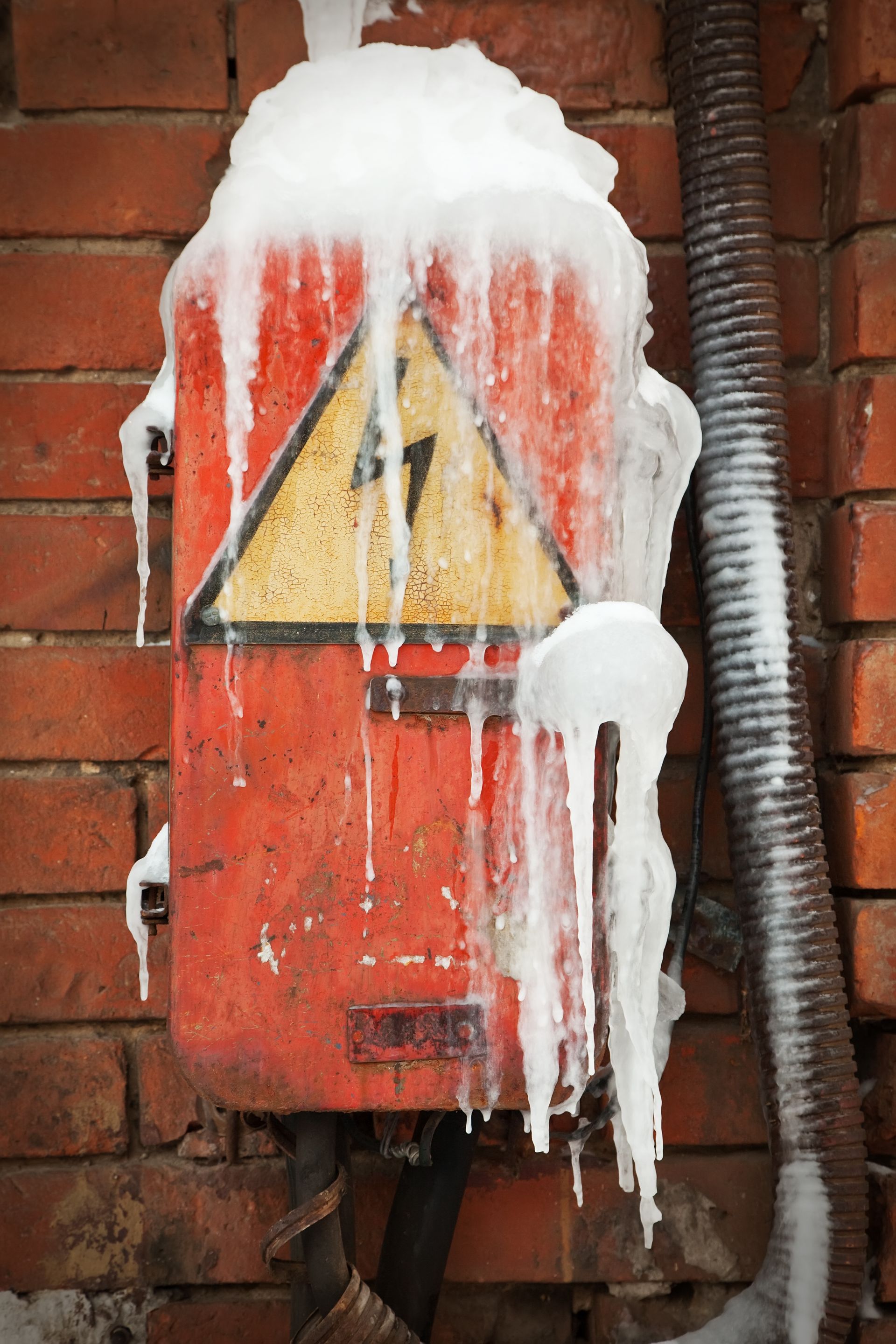 Snow-covered red electrical box with yellow warning triangle on a brick wall