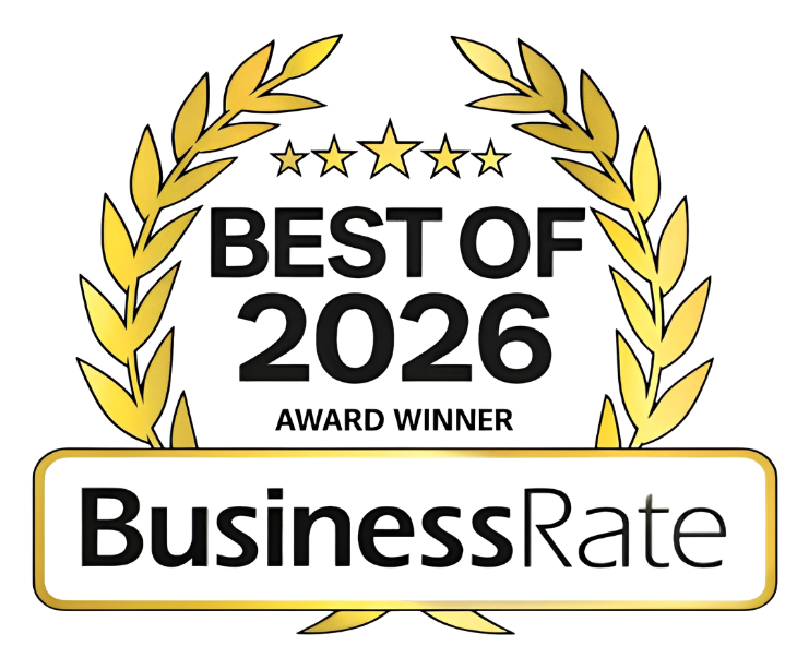 Best of 2026 award winner BusinessRate logo with gold laurel wreath and stars