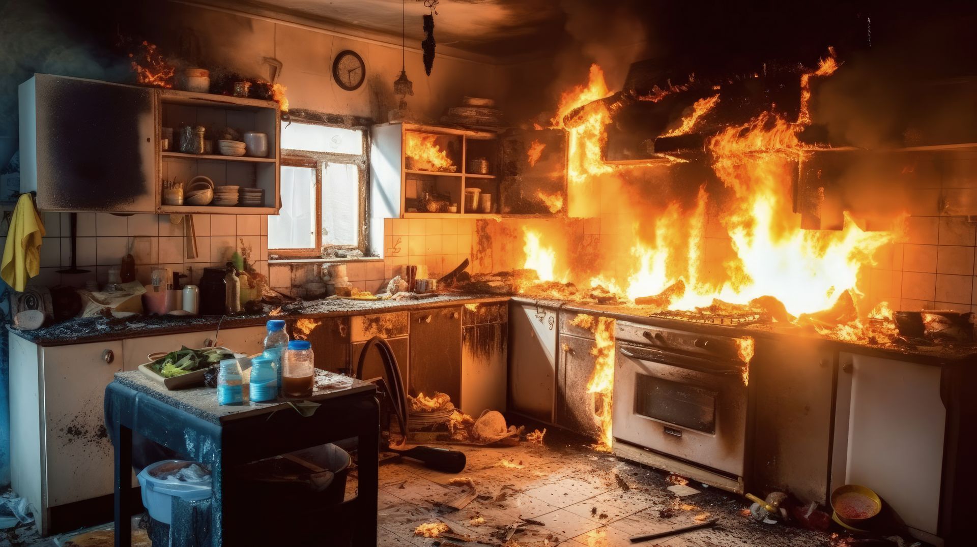 Kitchen engulfed in flames, with fire spreading across countertops and appliances