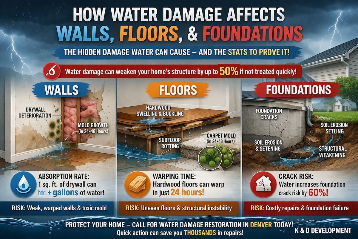 Infographic on water damage effects on walls, floors, and foundations with blue, orange, and red panels