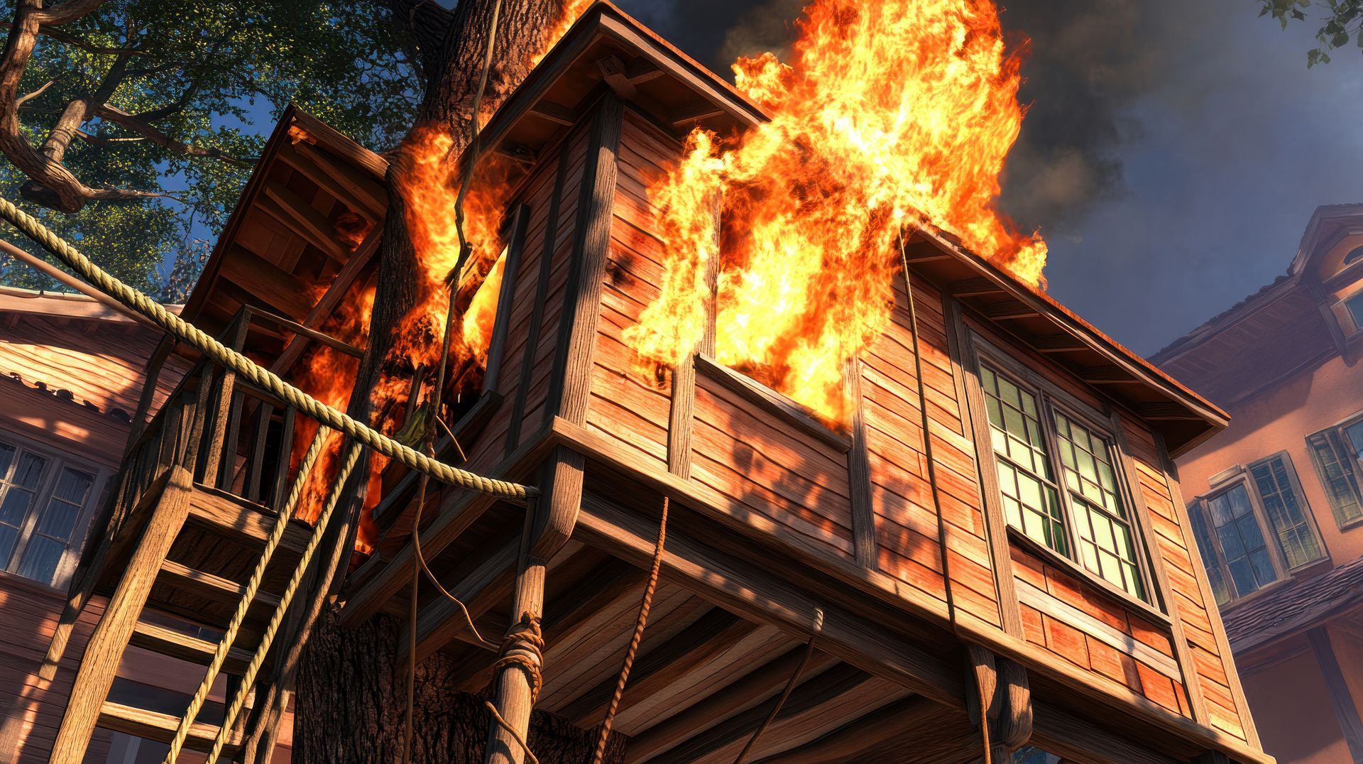 Wooden house engulfed in flames, with smoke rising against a blue sky.