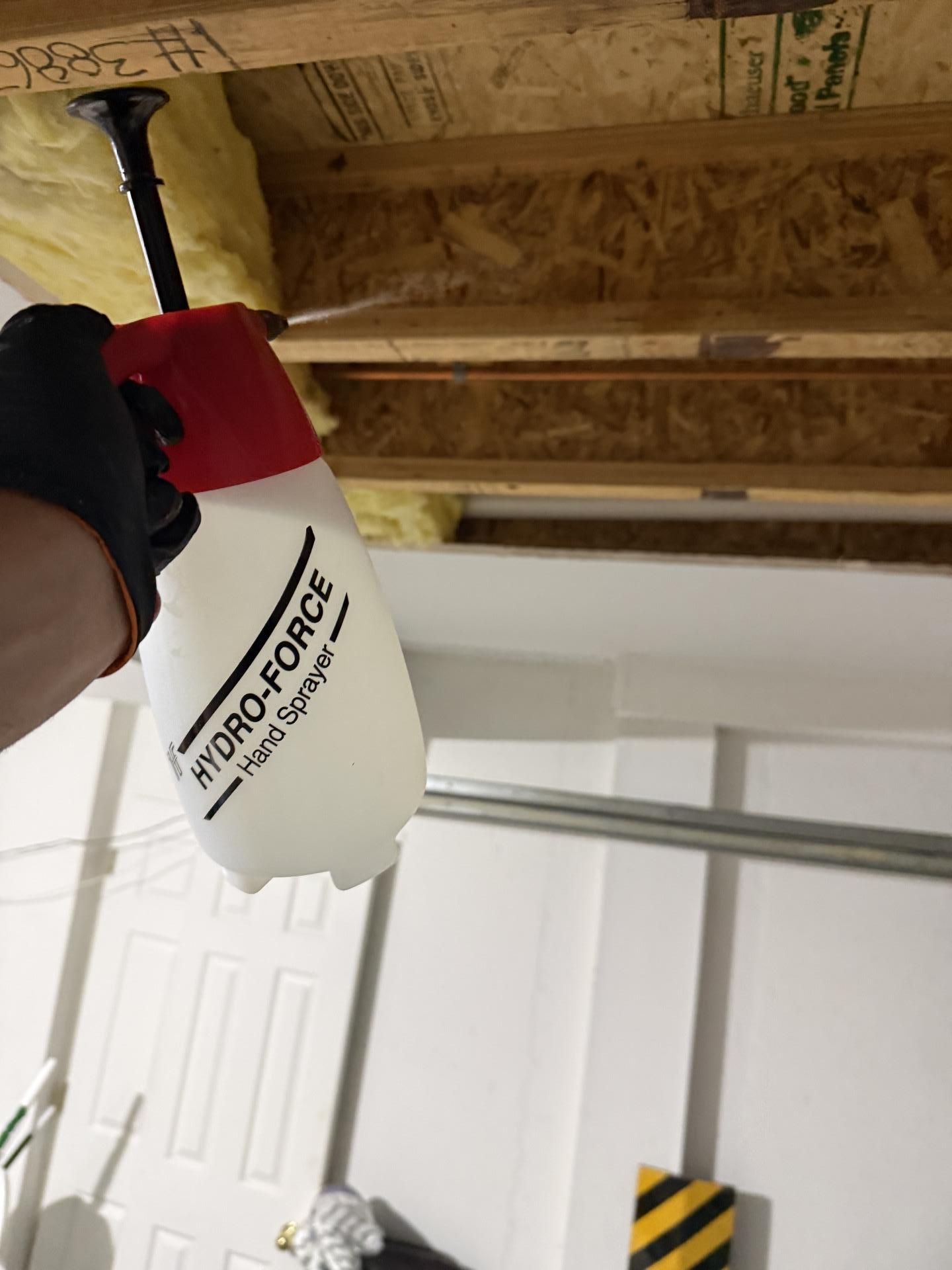 Hand holding a red-and-white spray bottle inside an unfinished room with exposed wood framing.