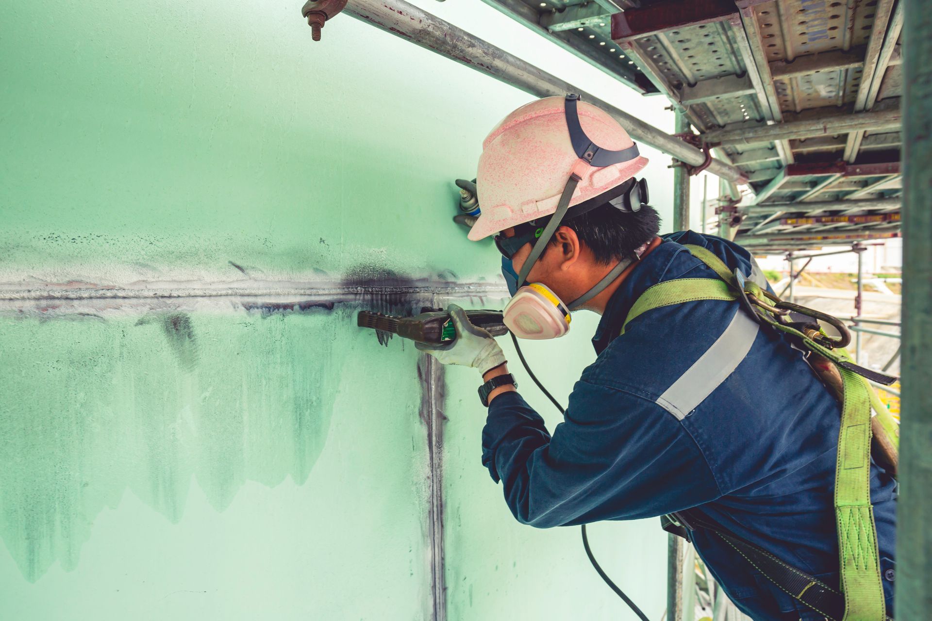 Worker in hard hat and respirator spray-painting a pale green wall under scaffolding.