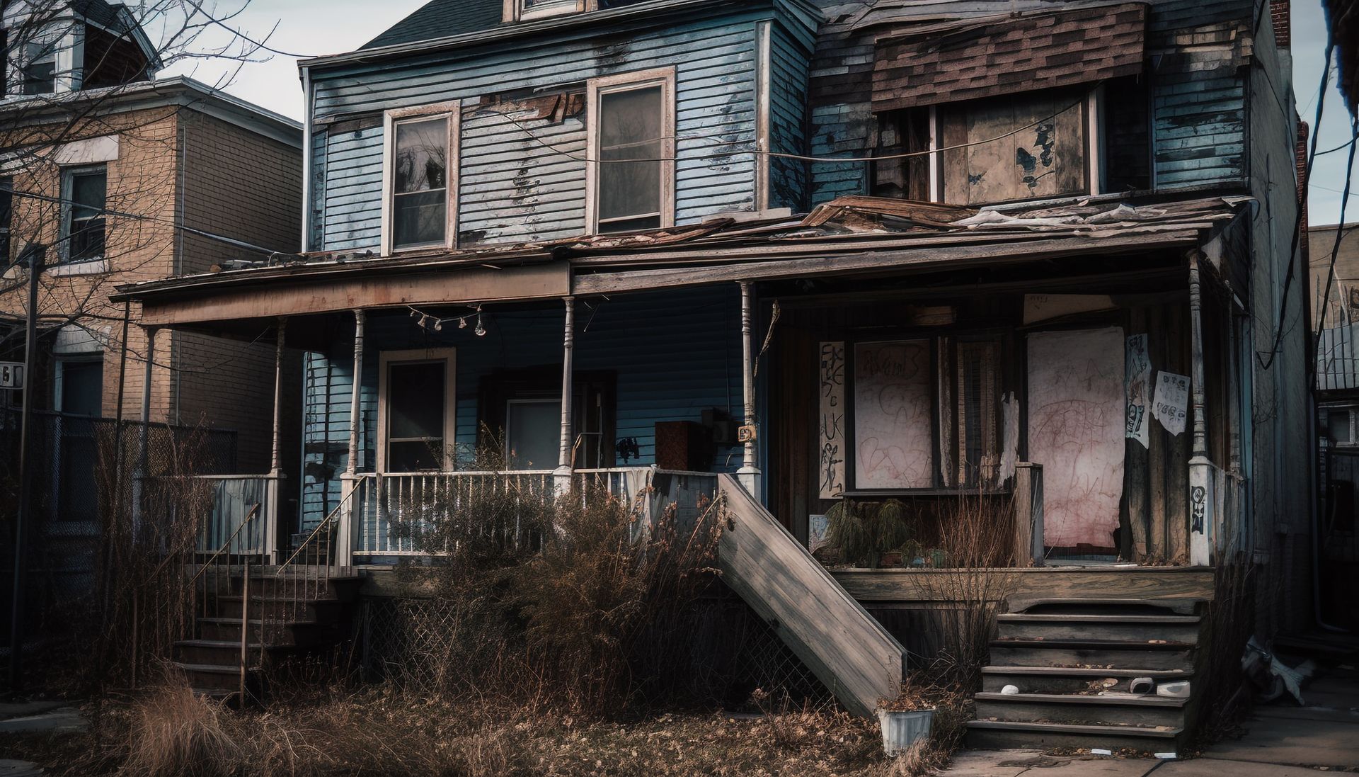 Dilapidated abandoned house with boarded windows, peeling paint, and overgrown weeds in front
