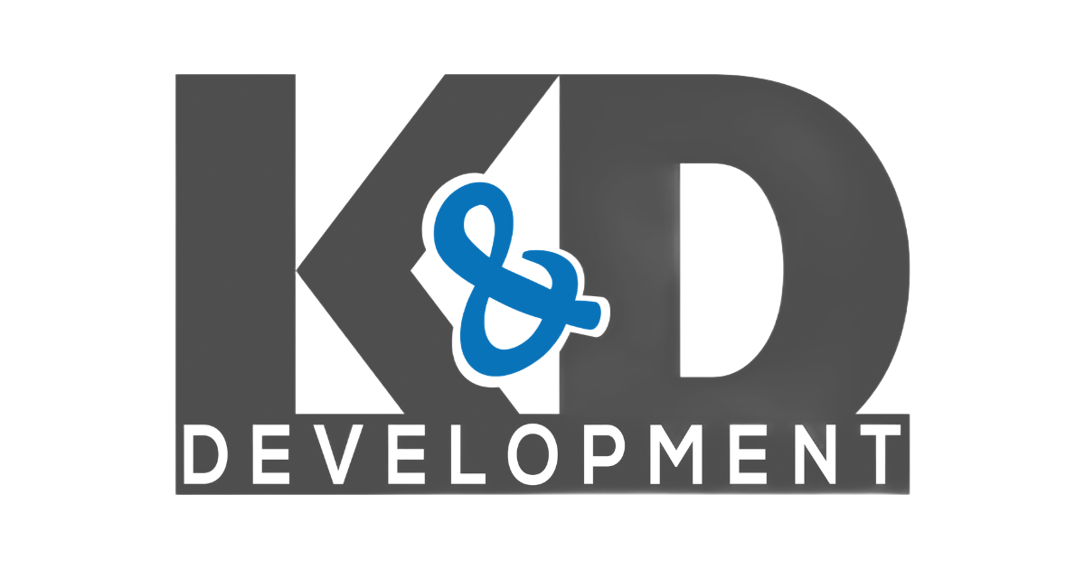 KD Development logo in gray and blue with a stylized ampersand