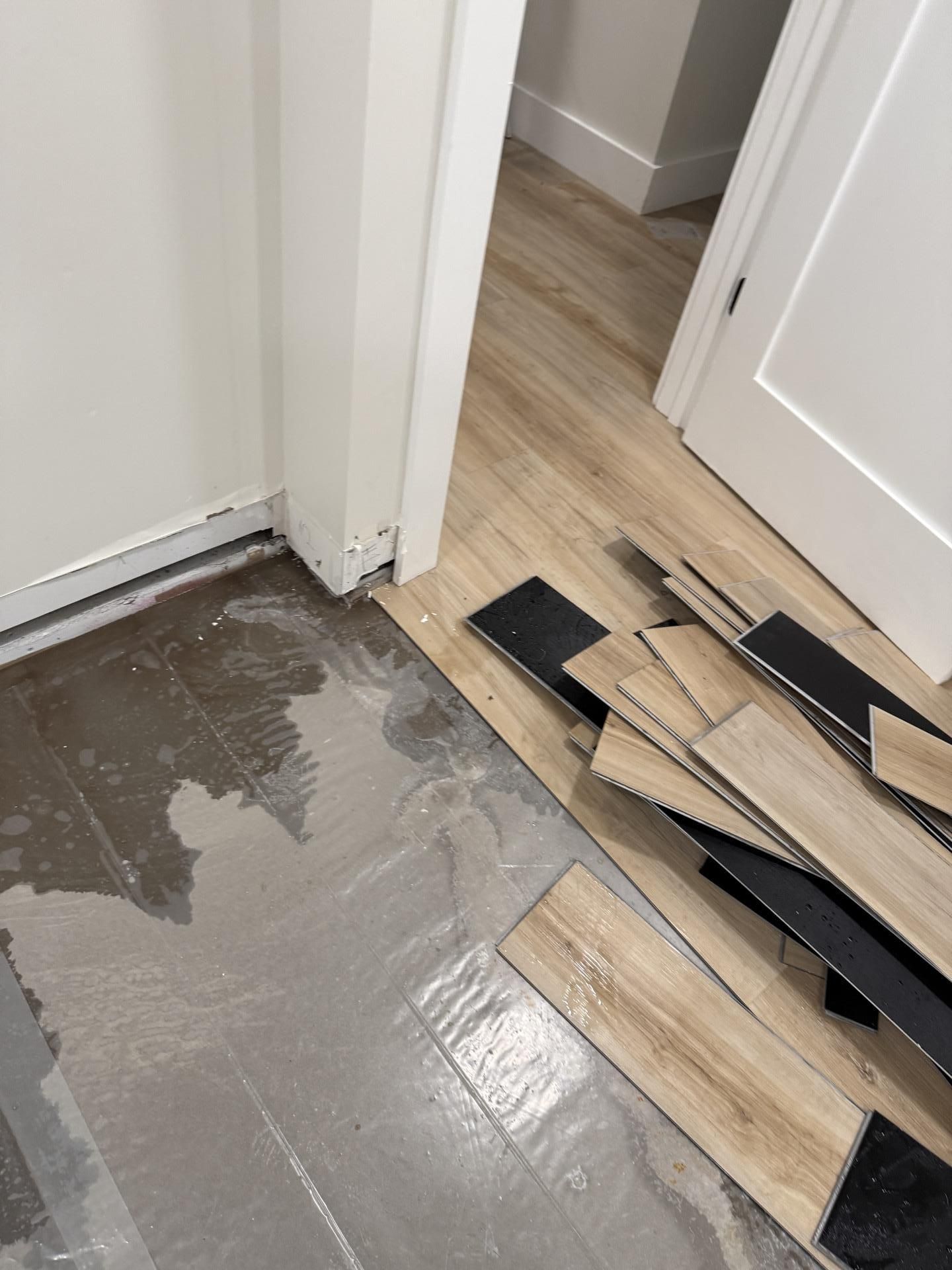 Damaged vinyl flooring near a doorway, with loose planks and exposed subfloor