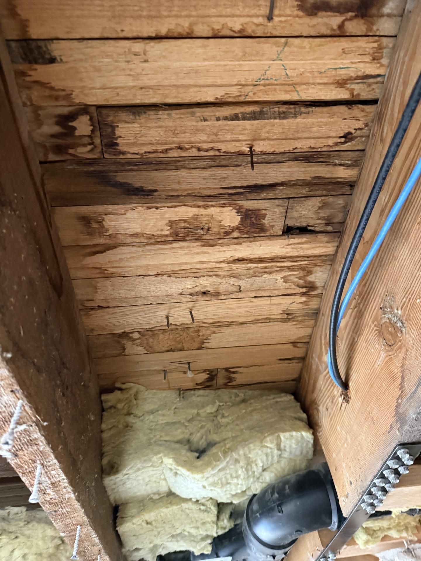 Crawlspace with wooden joists, insulation, and exposed electrical wiring along the wall.