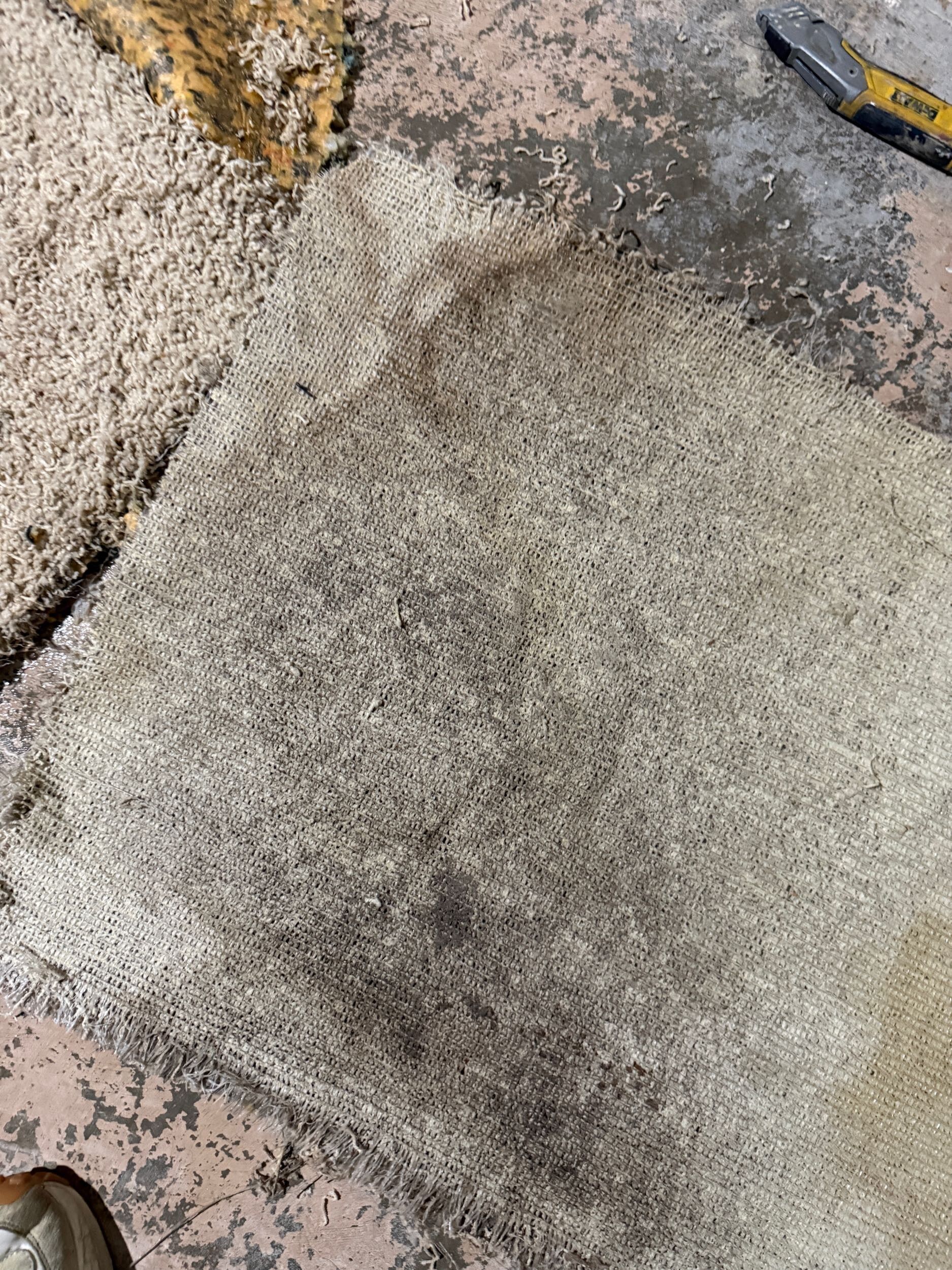 A gray textured rug or mat on a concrete floor, with a tool partially visible at the top right.