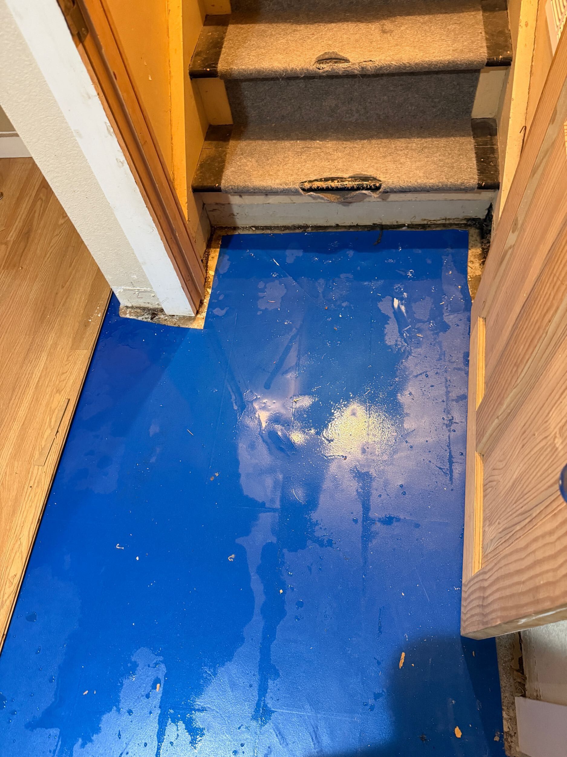 Blue floor at the base of a stairwell with wet spots and paint splatter near a doorway