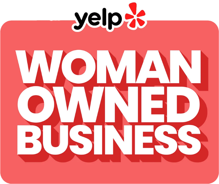 Yelp “Woman Owned Business” badge in red and white