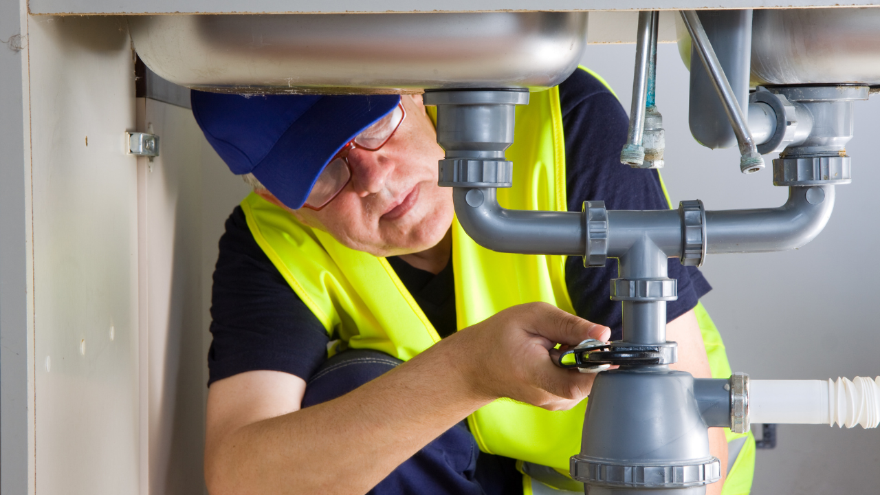 A plumber in a yellow safety vest and blue cap uses a wrench to tighten pipes under a kitchen sink.