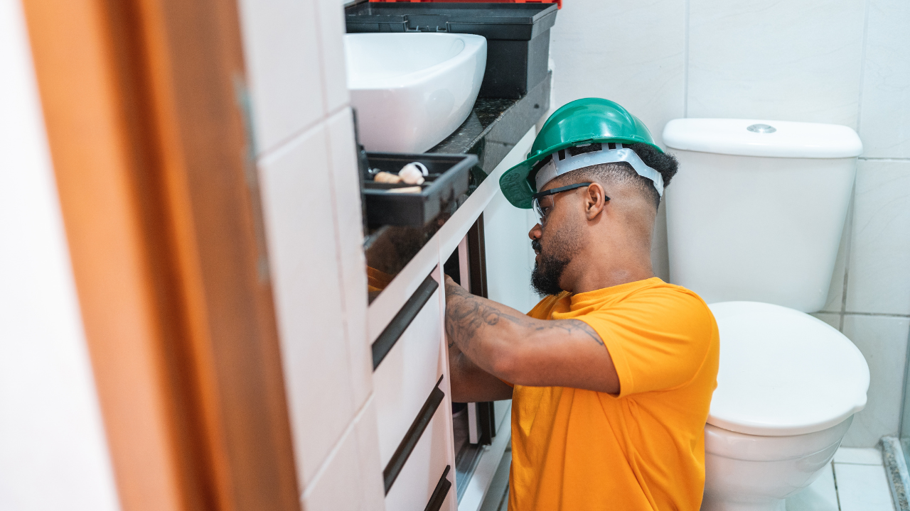 A person wearing a green hard hat and a yellow shirt works on plumbing under a bathroom vanity next to a toilet.
