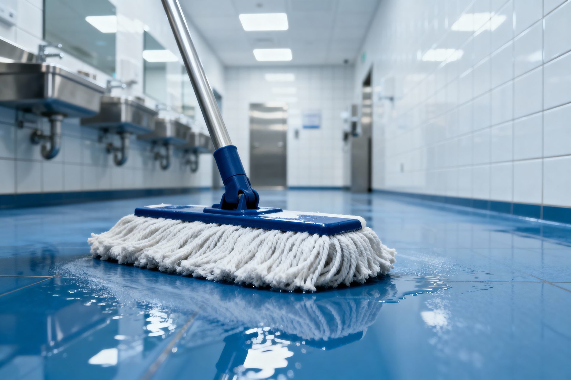 Blue mop cleaning a glossy hospital hallway floor with white tiled walls and sinks.