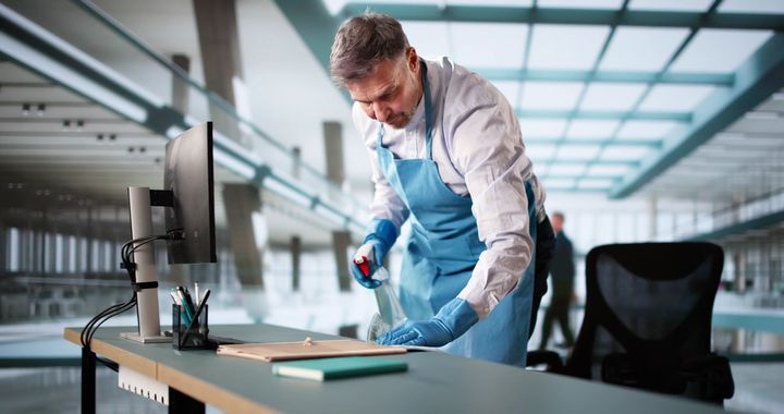 Scientist in a lab coat and blue gloves examining samples on a workbench in a modern laboratory