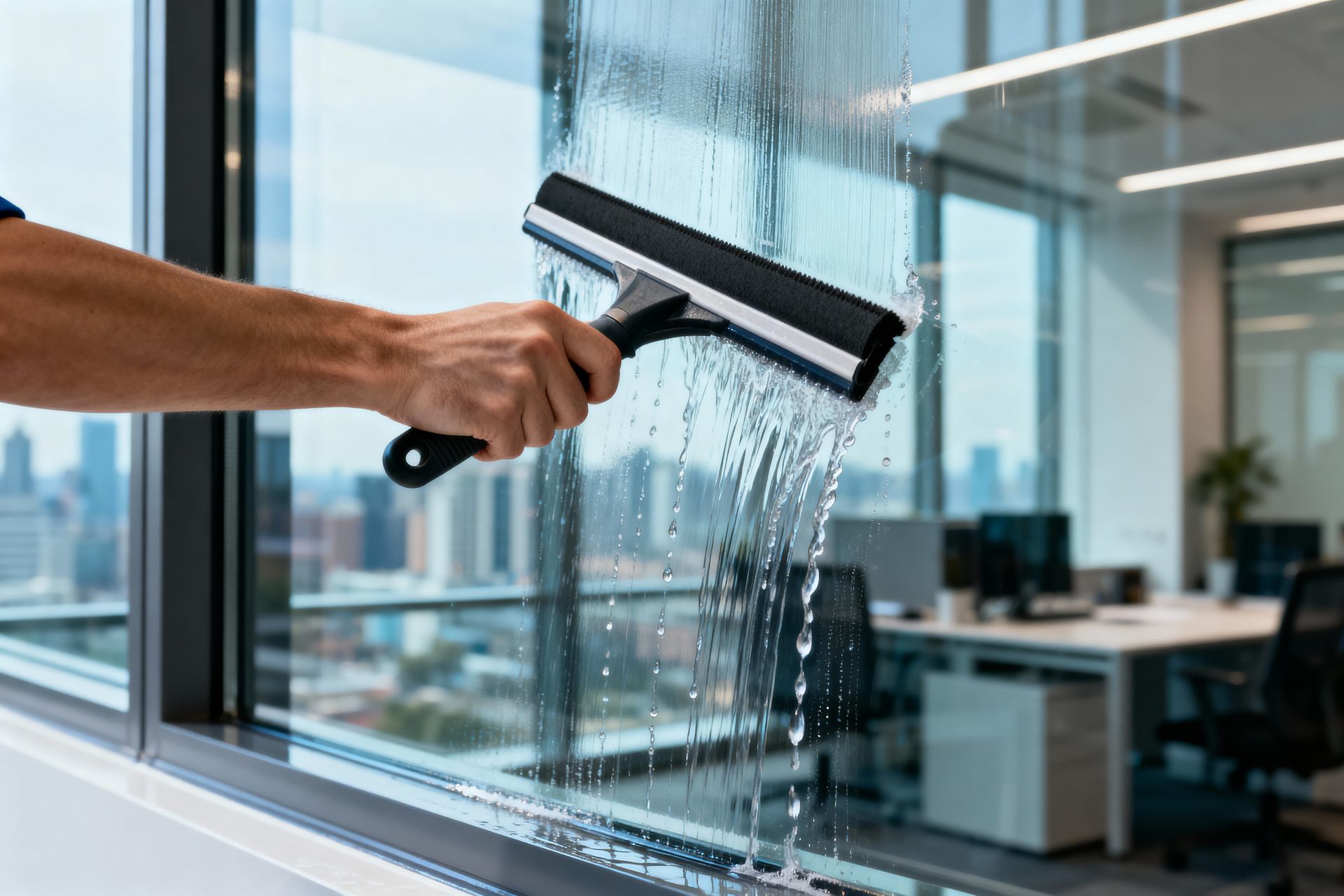 Hand wiping water from an office window with a squeegee, city view in the background