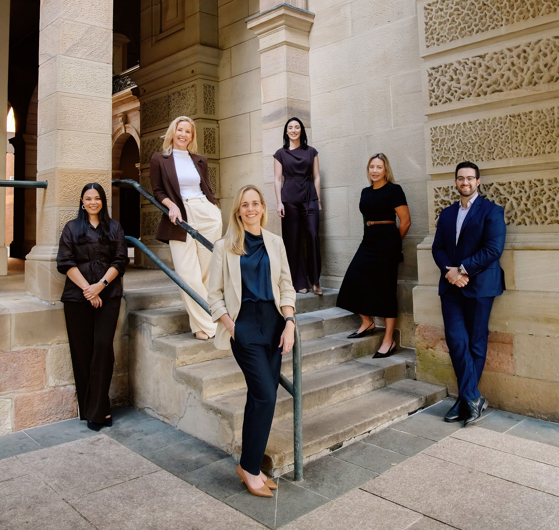 Group of six people posing on stone steps outside a building with ornate arches and columns