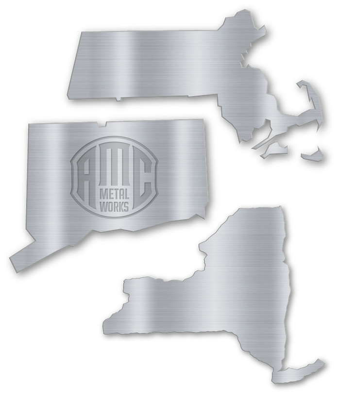 A metal map of Connecticut and Massachusetts